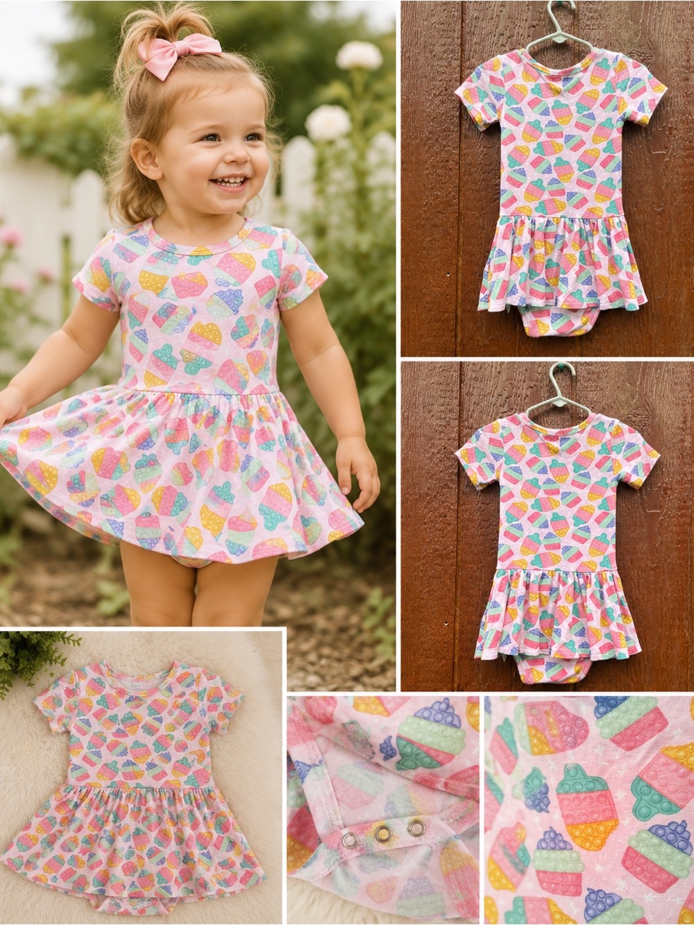 Posh Peanut Bubble Dress Bodysuit 2T Pink Pop-It Print Twirl Dress